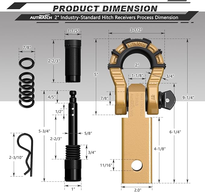 AUTMATCH Shackle Hitch Receiver 2" with 3/4" Mega D Ring Shackle and 5/8" Trailer Hitch Lock Pin, 68,000 Lbs Break Strength Heavy Duty Receiver Towing Kit for Off-Road Vehicle Recovery, Gold