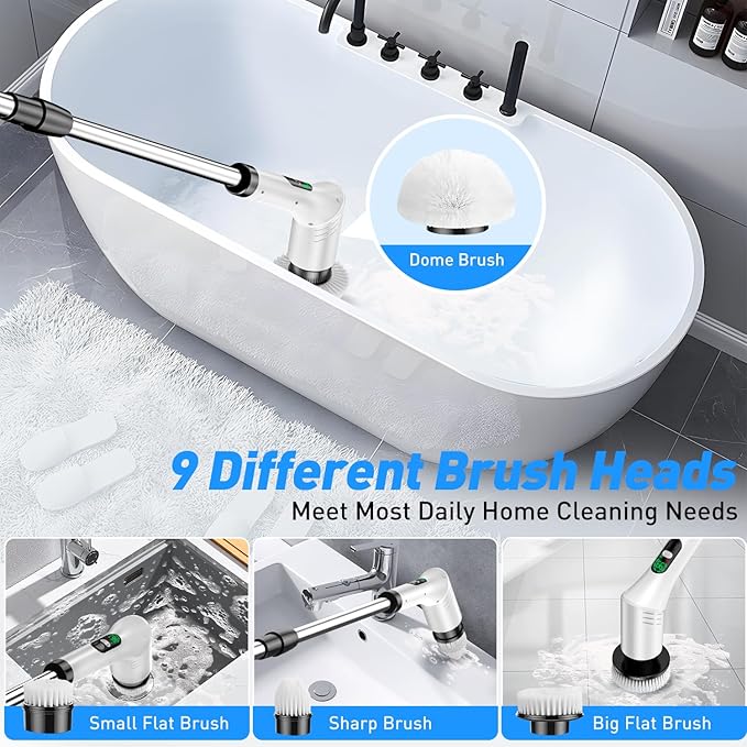 IPX7 Waterproof Electric Spin Scrubber, Power Cleaner with 9 Brush Heads, LED Battery Display, 2 Speeds Adjustable Long Handle for Kitchen Bathroom, Shower, Tile & Car Cleaning (A-White)