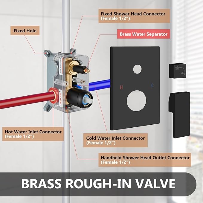 Shower Faucet Set Rainfall Shower System with Square Showerhead and Handle Set Fixture with 2 in 1 Function Handheld Sprayer Wall Mounted Trim Repair Kit Rough-in Valve 16 Inch Matte Black