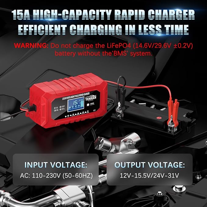 YONHAN 15A Battery Charger, 12V/24V LiFePO4 & Lead Acid Car Battery Charger, 9-Stage Trickle Charger with Temp Compensation, Automotive Battery Maintainer for Car Truck Motorcycle Lawn Mower Boat(Red)