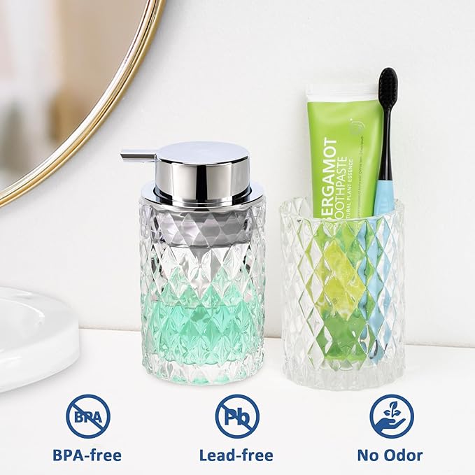 Bathroom Glass Soap Dispenser with Durable Rust-Proof Plastic Foam Pump Hand Lotion Dispenser Antislip Shampoo Kitchen 10oz 2 Pack