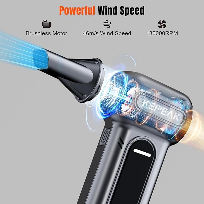 KEPEAK Electric Compressed Air Duster, 130000RPM Cordless Rechargeable Air Duster with Brushless Motor, 4 Gear Adjustable Dust Blower for Computer, Keyboard, Home & Outdoor