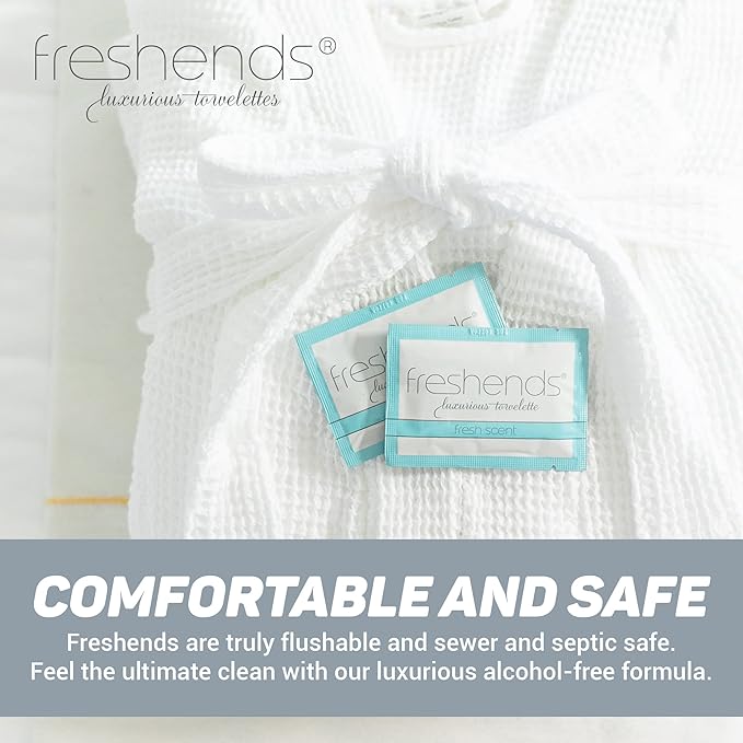 Freshends Flushable Individually Wrapped Wipes – 100 Bulk Pack Luxurious Towelettes, Guest Bathroom Essentials for Weddings, Restaurants, Bars & Clubs – Blue, Travel-Size, Disposable