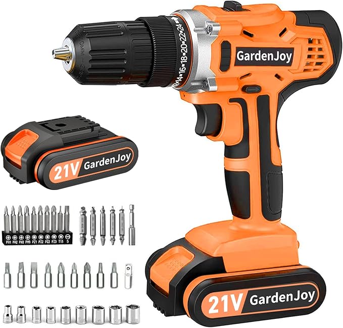 GardenJoy Cordless Power Drill Set - 21V Electric Drill Driver Kit with Battery and Fast Charger, 65pcs Acessories, 2 Variable Speed Control, 3/8-Inch Keyless Chuck and 24+1 Torque Setting