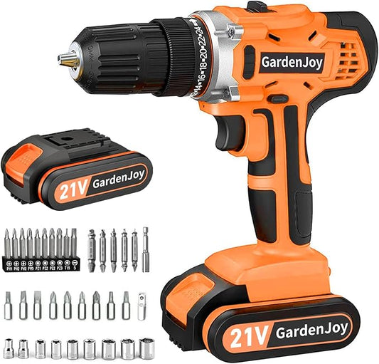 GardenJoy Cordless Power Drill Set - 21V Electric Drill Driver Kit with Battery and Fast Charger, 65pcs Acessories, 2 Variable Speed Control, 3/8-Inch Keyless Chuck and 24+1 Torque Setting