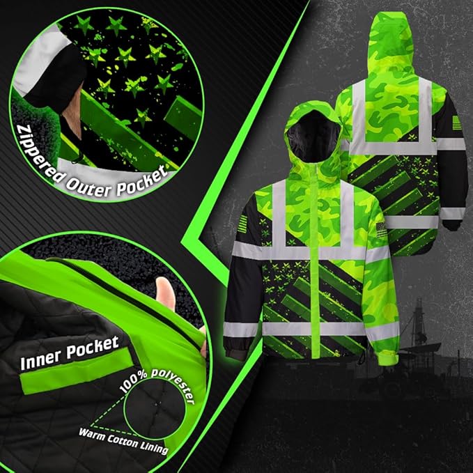 Color US Flag High Visibility Hoodie for Men Women Reflective Tapes Safety Workwear for Worker Runner Patriotic