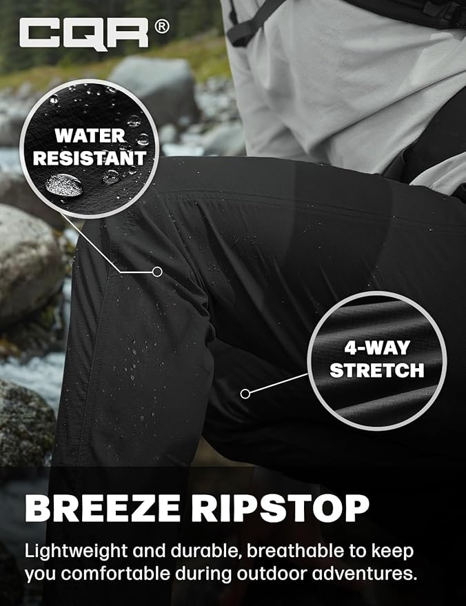 CQR Men's Lightweight Vent Hiking Pants, Water-Resistant & Breathable Sports Outdoor Athletic Pants with Elastic Waist