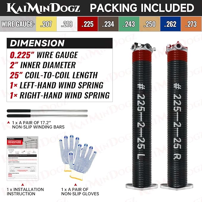 Pair of 2" Garage Door Torsion Springs Set with Non-Slip Winding Bars & Gloves, High Quality Precision Electrophoresis Black Coated, for Replacement & Installation, MIN 16,000 Cycles (0.225x2''x25'')