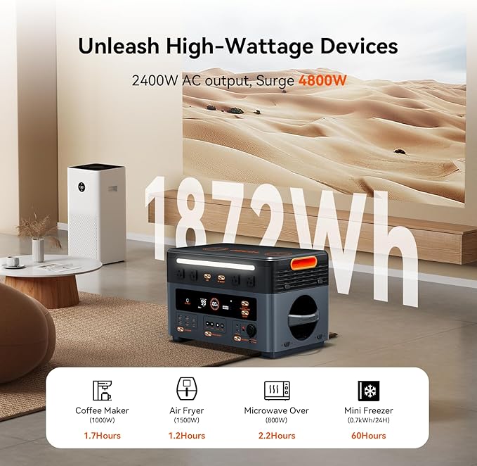 Oscal PM2400 Portable Power Station, 1872Wh LiFePO4 Home Backup Battery, Dual Speaker 2400W Solar Generator(Surge 4800W), Dual Wireless Charging Pad, with 2 * 200W solar panel