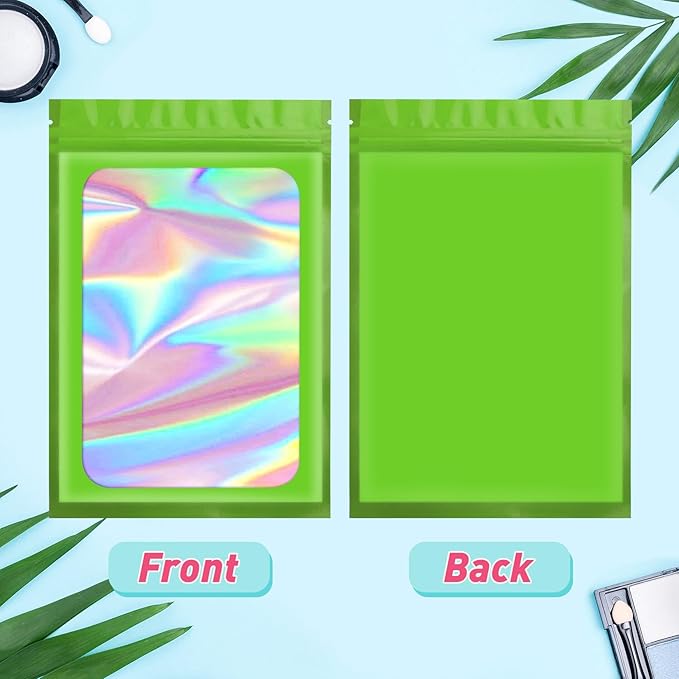 Funfery 300 Pack Smell Proof Resealable Bags for Food Storage,Holographic Bags 4x6 Green Mylar Clear Packaging Bag- Scent Proof for Cookies, Zip Foil Pouch for Small Business