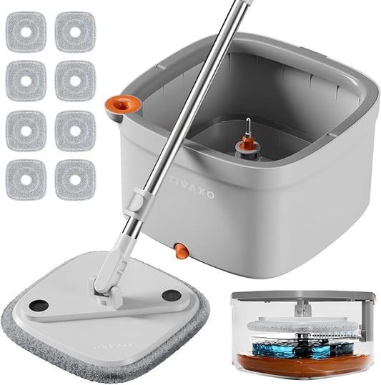 Mop and Bucket Set, Spin Mop with Self Seperates Dirty Water System, Square Mops for Floor Deep-Cleaning, 360 Rotating Mop Head for Hardwood Tile Marble, Versatile Mops for Walls (Mop Set with 8 Pads)
