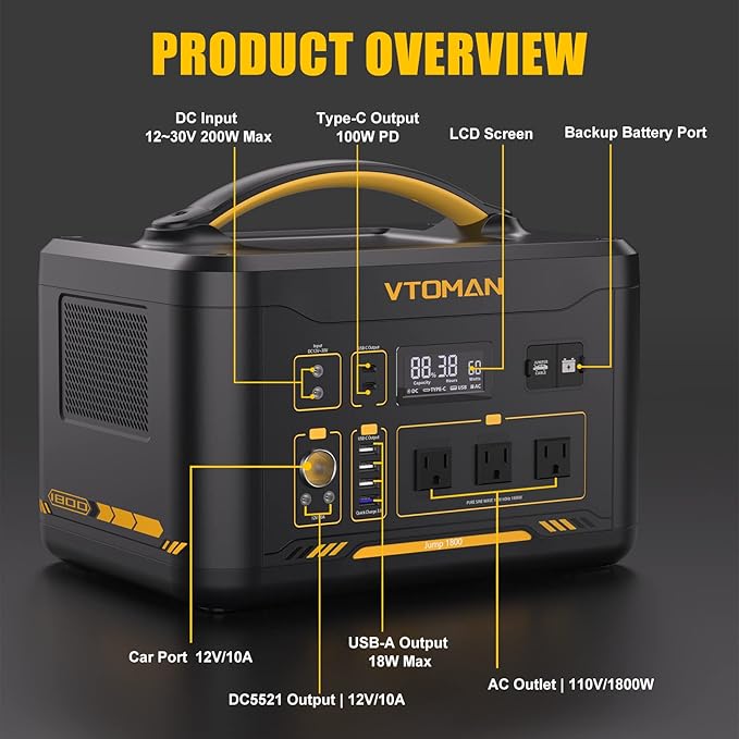 VTOMAN Jump 1800 Portable Power Station with Jumper Cables, 1548Wh LiFePO4 Battery Solar Generator with Jump Start for Car, 1800W 3xAC Outlets, 2xPD 100W Type-C, Large Capacity for Camping RV Backup
