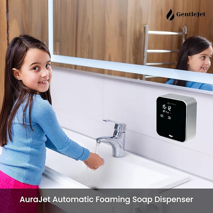 AuraJet Automatic Foaming Soap Dispenser, LED Display, Aluminum Alloy Body, 5 Foam Levels Adjustable, USB-C or Battery Powered, 16.2 oz Automatic Soap Dispenser Touchless Wall Mount