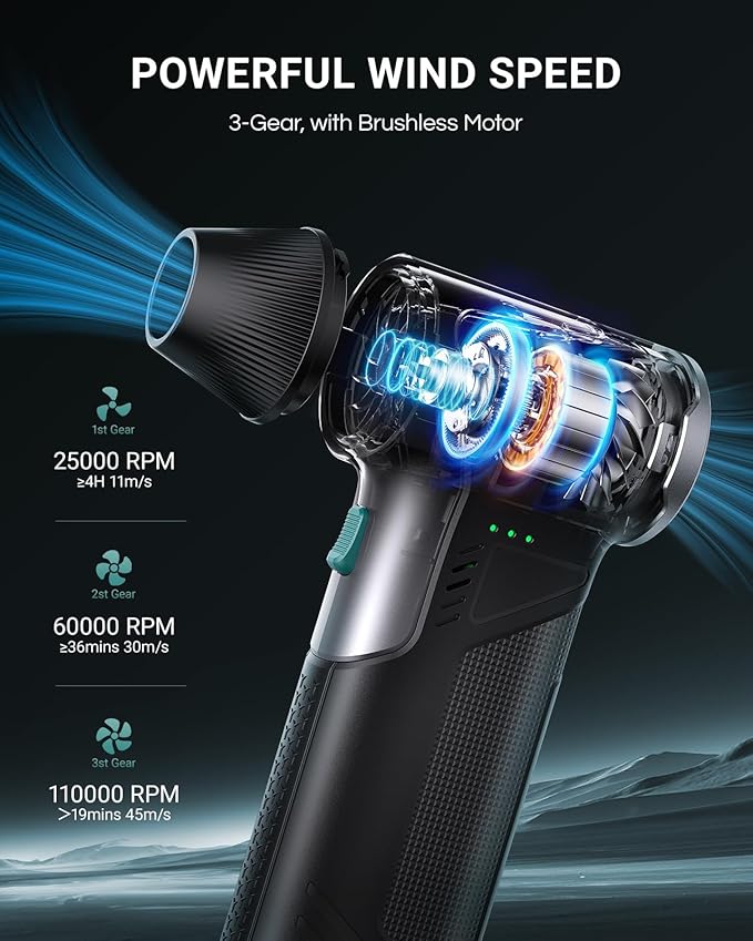 T150 Compressed Air Duster-110000RPM Super Power Electric Air Duster, 3-Gear Adjustable Mini Blower with Fast Charging, Dust Blower for Computer, Keyboard, House, Outdoor,AC and Car