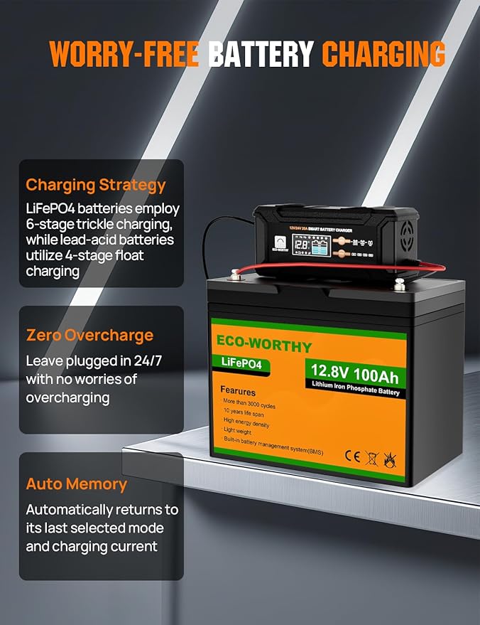 ECO-Worthy 12V/24V 20A Smart Battery Charger Maintainer, Auto Voltage Detect for LiFePO4 Lead-Acid with Multi-Current Options 5A/10A/15A/20A, Trickle Charger for Car Motorcycle Lawn Mower RV Camping