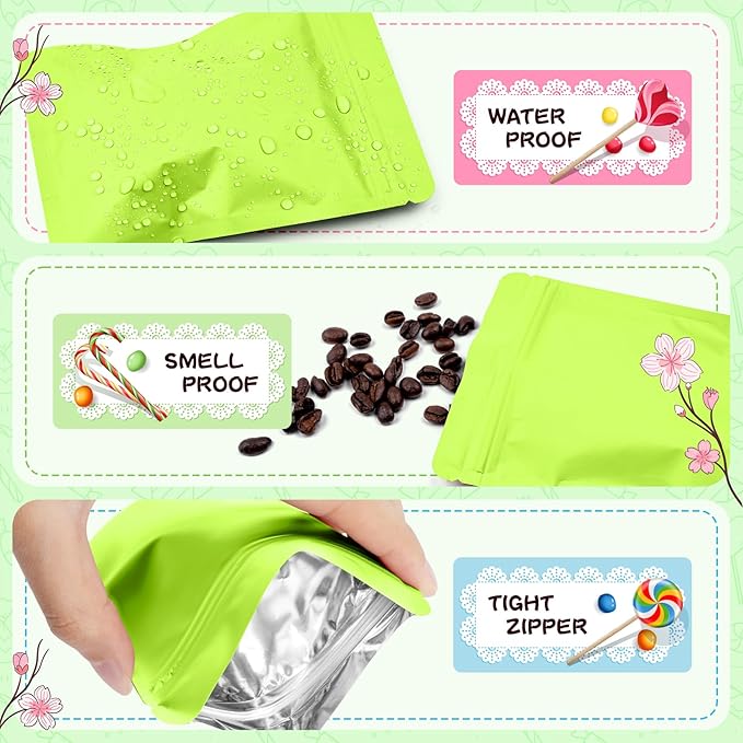 Funfery 100 Pack Green Mylar Packaging Bags Resealable Bags Double Sided Color Odor Proof Pouch Baggies Smell Proof Foil Bag for Food Storage,Small Business(Green,2.4x3.9inch)