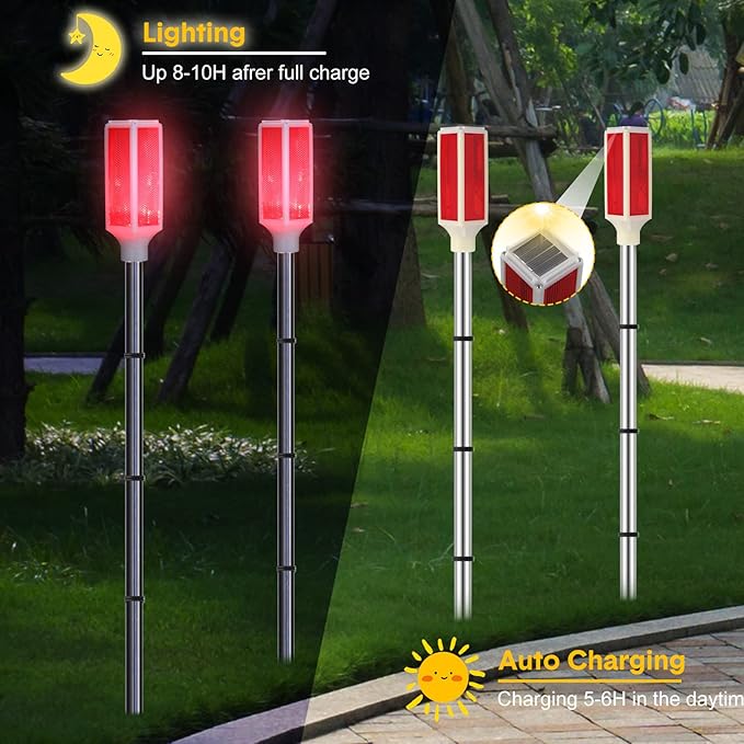 Macarrie 4 Pcs Solar Powered Driveway Markers Reflective Lights Driveway Reflectors on Poles for Snow Road Outdoor Yard Entrance (Red)