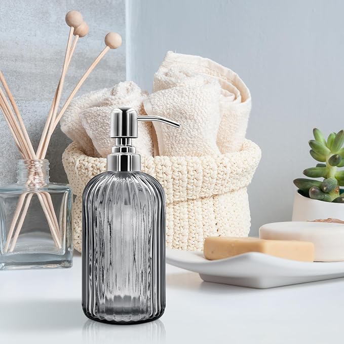 18 Oz Glass Soap Dispenser with Stainless Steel Pump, Modern Ribbed Design Refillable Liquid Soap Bottle for Bathroom, Kitchen, Hand Soap, Dish Soap, or Lotion (Grey)