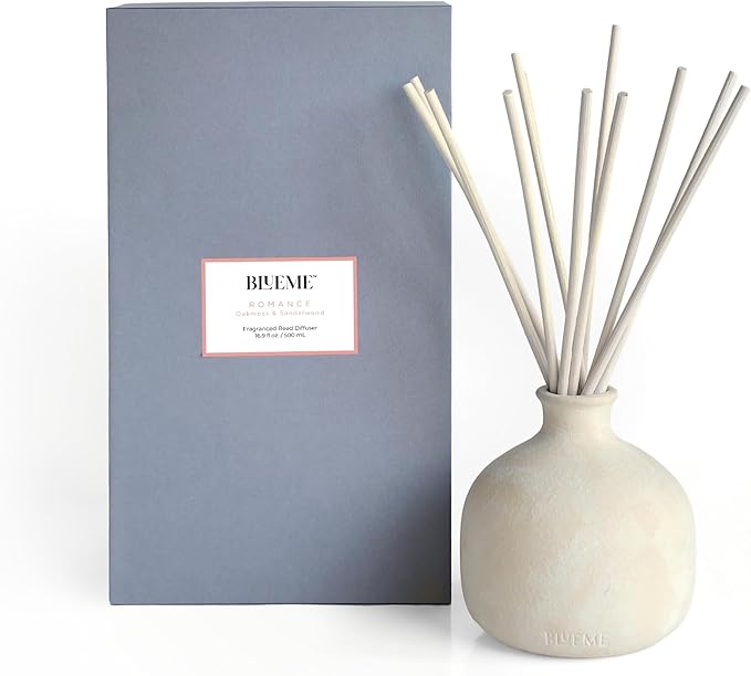 BLUEME Romance-Oakmoss & Sandalwood, 16.91 Fl Oz Wellness Diffuser, Contains Essential Oil, Sustainable, Hand Finished, Premium, Luxury Ceramic, Natural Rattan Reeds