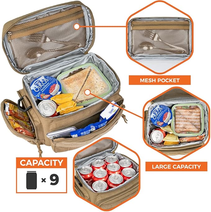 opux Tactical Lunch Box for Men, Tan Mens Insulated Lunch Bag for Adult, Leakproof Soft Lunch Cooler with MOLLE Mesh Side Pockets, Multicam Heavy Duty Lunchbox Pail for Work Women, Medium 10 Cans