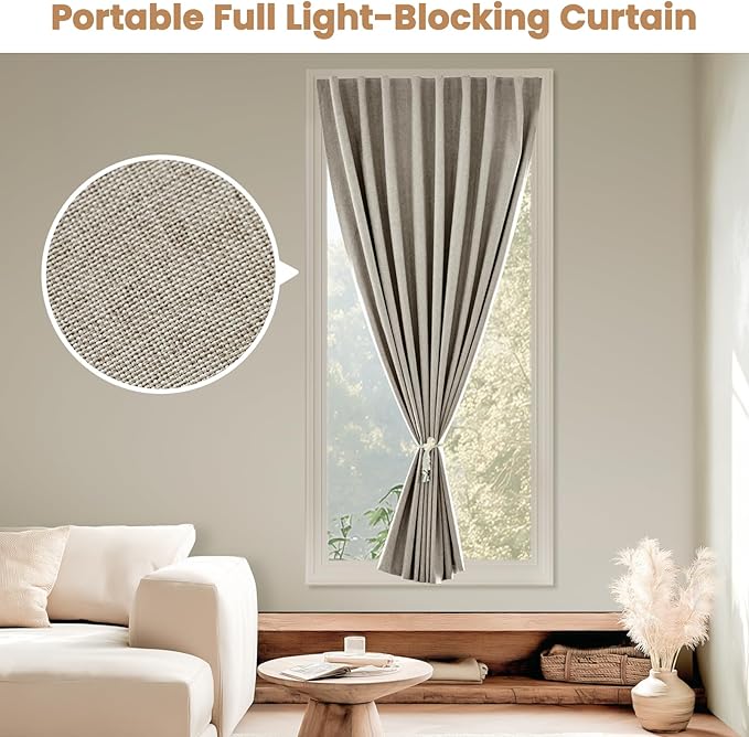 Adhesive Curtain,100% Blackout Shades,No Rod,Easy to Install,Provides Privacy Protection for Bedrooms (Light Coffee - W35 × L80 in)