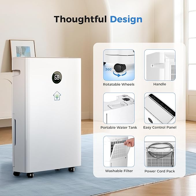 6,500 Sq Ft Smart Home Dehumidifier with Drain Hose, 1.45 Gallons Water Tank, 24 Hr Timer, 60 Pints, High Efficiency Compressor for Large Rooms,Basements, Bathrooms and Bedrooms