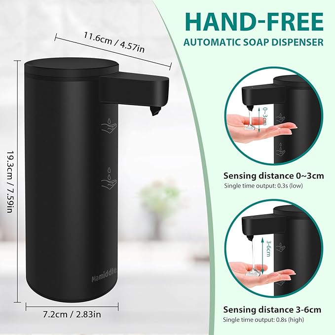 Automatic Soap Dispenser Stainless Steel with Sensor Infrared Soap Dispenser Electric IPX5 Waterproof USB-C Charging Motion Sensor for Kitchen & Bathroom (Black)
