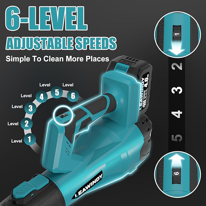 6 Speed Levels Electric Leaf Blower Cordless, 900000RPM Cordless Leaf Blower with 2 X 4.0Ah Batteries and Charger, Leaf Blowers 21V, Battery Lawn Blower for Patio Cleaning, Lawn Care, Blowing Leaves