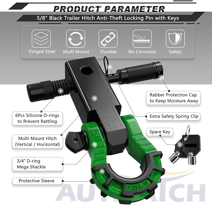AUTMATCH Shackle Hitch Receiver 2" with 3/4" Mega D Ring Shackle and 5/8" Trailer Hitch Lock Pin, 68,000 Lbs Break Strength Heavy Duty Receiver Kit for Off-Road Vehicle Recovery, Black & Dark Green