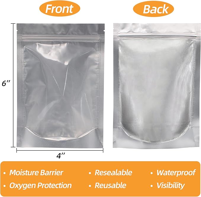 4 x 6 inches 60 Packs Mylar Bags For Food Storage, Mylar Bags With Window, Freeze Dried Candy Bags, Reusable Storage Bags For Food, Mylar Food Storage Bags for Long Term Food Storage