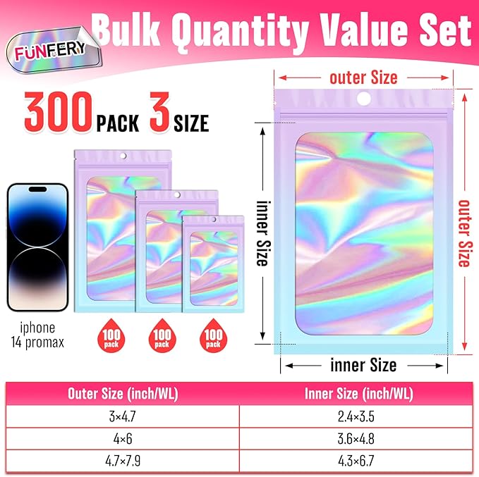 Funfery 300 Pack 3 Size Mylar Holographic Bags with Clear Window,Resealable Bag Smell Proof Foil Baggies Packaging Pouch for Food Storage,Sample,Small Business(Purple Blue,3x4.7,4x6,4.7x7.9in)