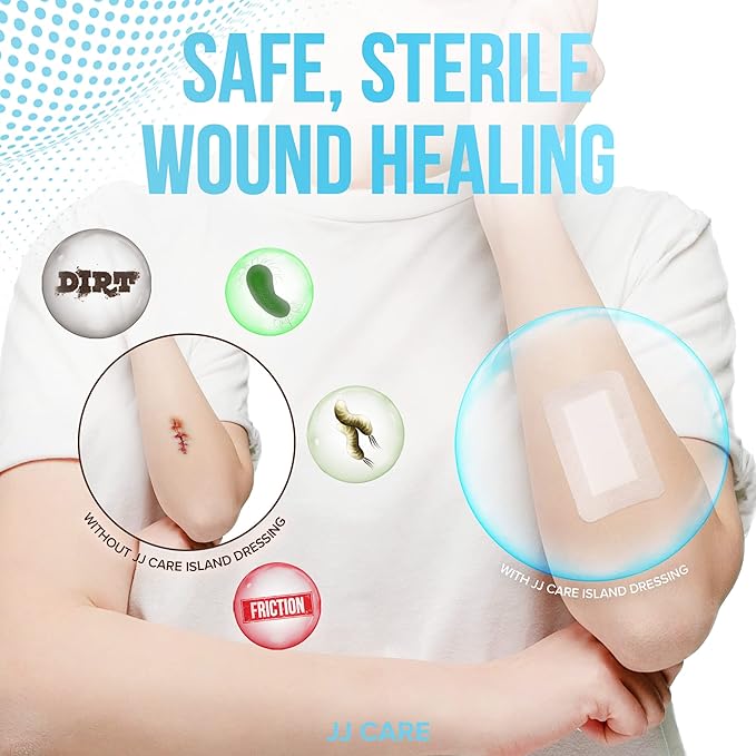 JJ CARE Adhesive Island Dressing [Pack of 50], 2x3.75 Sterile Bordered Gauze, Breathable Island Wound Dressing, Individually Wrapped Adhesive Gauze Bandages with Non-Stick Central Pad