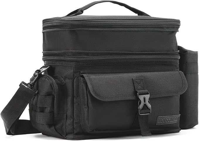 MOV COMPRA Tactical Lunch Bag for Men Expandable Double Deck Insulated Lunch Box Leakproof Large Capacity with MOLLE Water Bottle Pouch for Adults for Work Picnic Camping（Black）