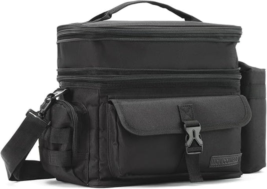 MOV COMPRA Tactical Lunch Bag for Men Expandable Double Deck Insulated Lunch Box Leakproof Large Capacity with MOLLE Water Bottle Pouch for Adults for Work Picnic Camping（Black）