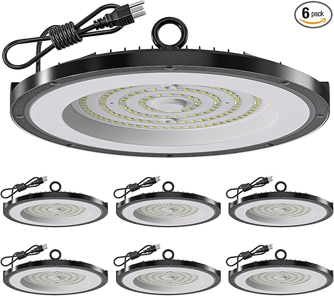 AIKVSXER 200W LED High Bay Light 30000LM UFO Shop Light 6000K Daylight IP65 Waterproof for Warehouse Garage Barn Factory Workshop 5FT Cord with US Plug 6 Pack