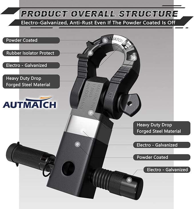 AUTMATCH Shackle Hitch Receiver 2" with 3/4" Mega D Ring Shackle and 5/8" Trailer Hitch Lock Pin, 68,000 Lbs Break Strength Heavy Duty Receiver Towing Kit for Off-Road Vehicle Recovery, Frosted Black