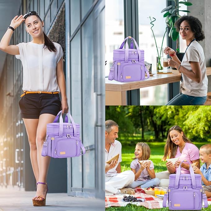 Lunch Box for Men Women - Double Deck Insulated Lunch Bag, Large Leak Proof Tote Cooler, Wide Open Dual Compartment Lunch Bags with Shoulder Strap, For Work Picnic Hiking Beach, Purple