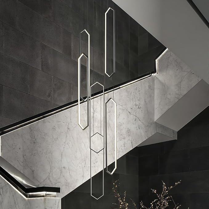 Modern Adjustable Height Chandelier Black 4000K LED Pendant Lights 6 Rings Rectangular Celling Light Staircase Large Chandelier for High Ceilings Foyer Entryway