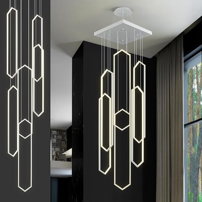Modern Adjustable Height Chandelier White 4000K LED Pendant Lights 6 Rings Rectangular Celling Light Staircase Large Chandelier for High Ceilings Foyer Entryway