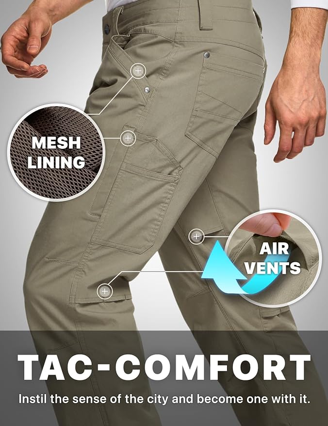 CQR Men's Vent Stretch Pants, Quick Dry Lightweight Casual Cargo Pants, Water Resistant Straight-Fit Utility Work Pants
