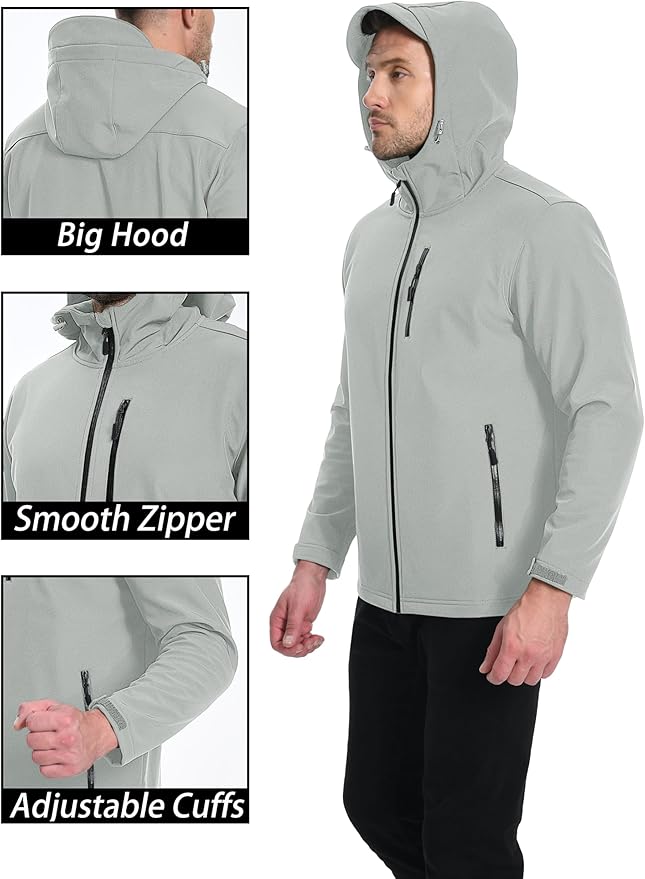 MAGCOMSEN Men's Waterproof Fleece Lined Rain Jacket Lightweight Softshell Raincoat with Hood Winter Hiking Windbreaker