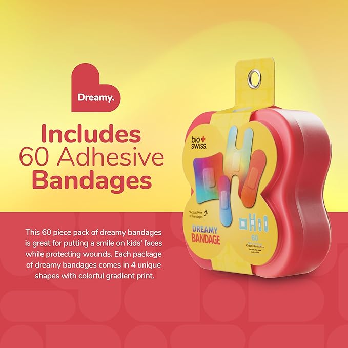 BioSwiss Kids Bandages, Assorted Size Gradient Print Shaped Self Adhesive Bandage Set, Latex Free Sterile Wound Care, 60 Count