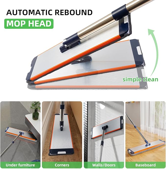 Mop and Bucket with Wringer: Hands-Free for Floors & Walls | Adjustable 360" Stainless Handle & 6 Reusable Microfiber Pads | Housewife/Parent-Friendly Design