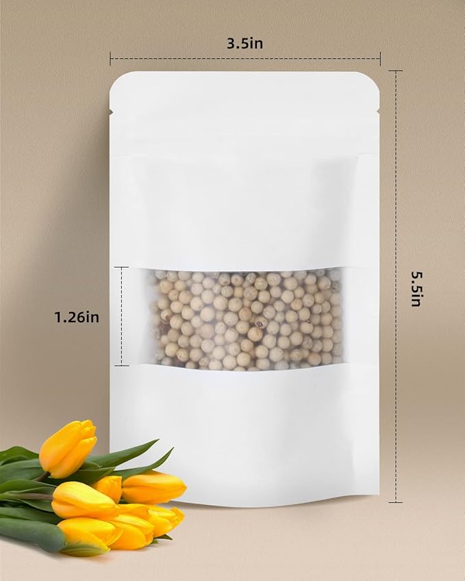 50pcs Kraft Bags with Window 3.5x5.5 Inches White Reusable Sealable Zip Lock Food Storage Stand up Paper Pouches for Home or Business