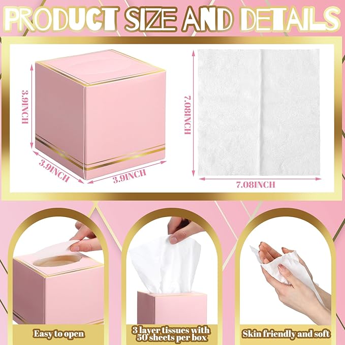 12 Pack Facial Tissues Cube Boxes Face Box 600 Sheets 3 ply Soft Paper Square Tissues Bulk for Car Pocket Toilet Household Bedroom Family(Pink)