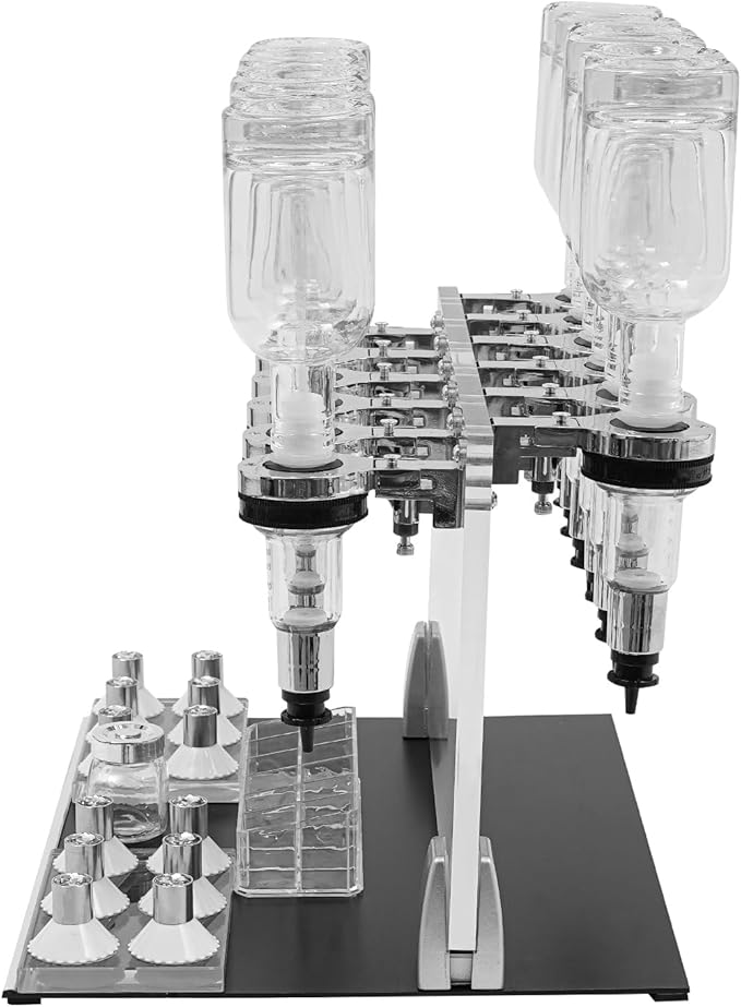 Manual Perfume Dispenser 12 Bottle Station, Liquid Filling Machine Transfer Kit with 12 Pump Heads and 12 Testing Cups for Stores and Bars