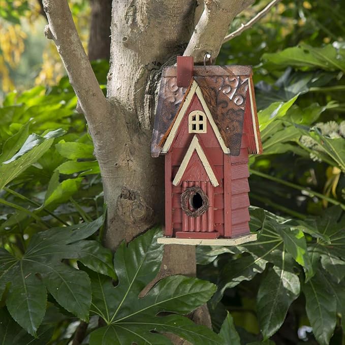 Glitzhome Solid Wood Distressed Cottage Garden Birdhouse Hanging Bird House for Outdoors 12" H,Red