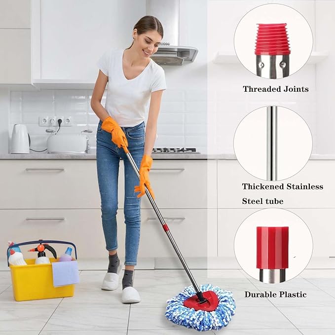 Spin Mop Replace Heads for O Cedar Rinse Clean 2 Tank System, Spin Mop Replacement Head 4 Microfiber Mop Refills, 1 Triangle Head Cover and 30-58in Handle 1 1Scrub Brush