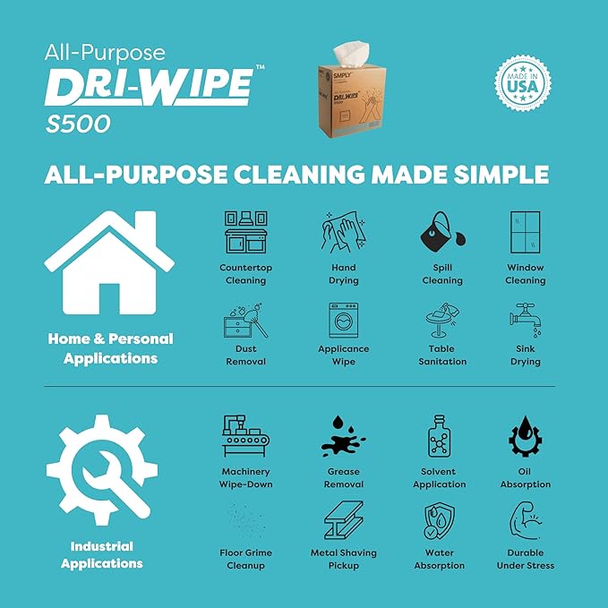 Dri-Wipe S500 by SMPLY Brands – All-Purpose Disposable Wipes, 176-Count, Strong Alternative to Shop Towels & Paper Towels, 8" x 12" Center-Pull Sheets