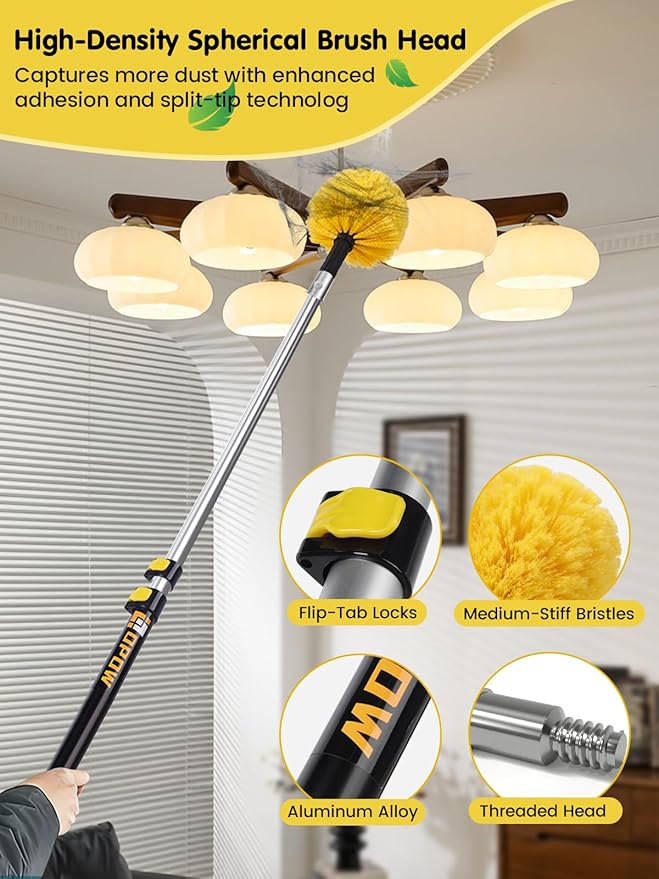 5-to-12 Foot Cobweb Duster with Extension Pole, Opow 20 Ft High Reach and 2 Replaceable Cleaning Washable Spider Web Brush Heads and Universal Joint Angle Adaptor Heavy Duty for Indoor & Outdoor Use